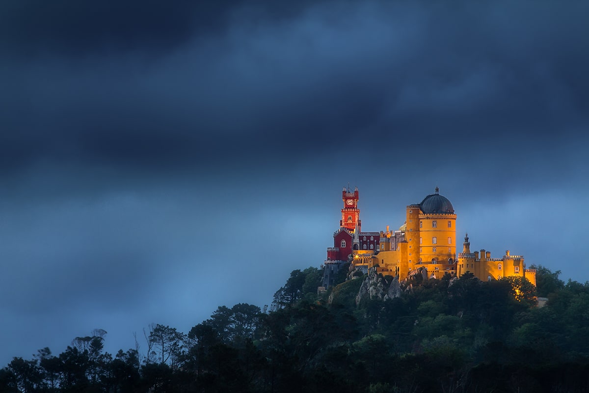 Pena Palace terraces in late night light