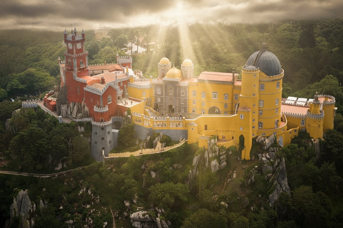 Sunlight breaking through clouds over Pena Palace